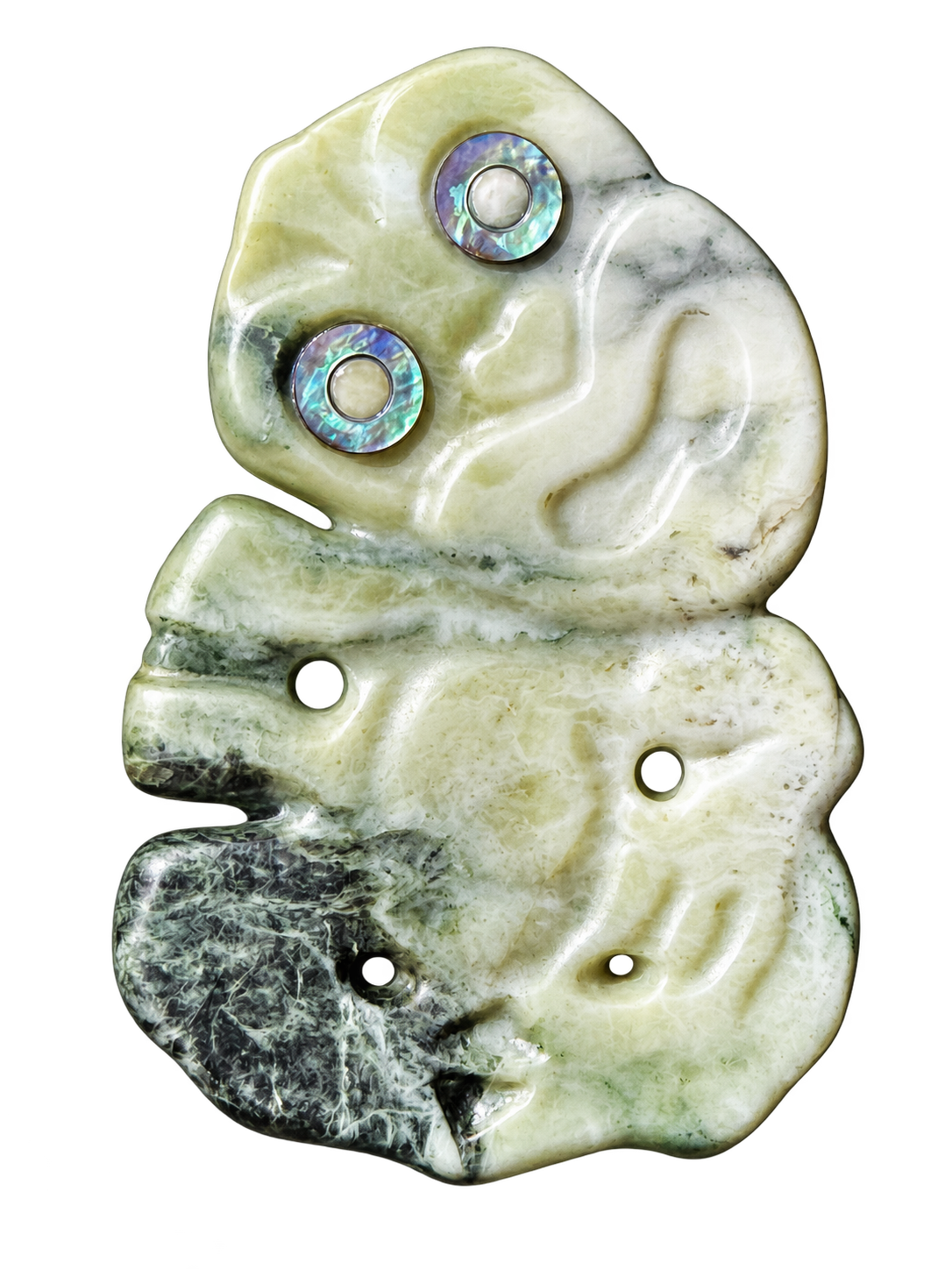 Pounamu tiki carving with pāua details
